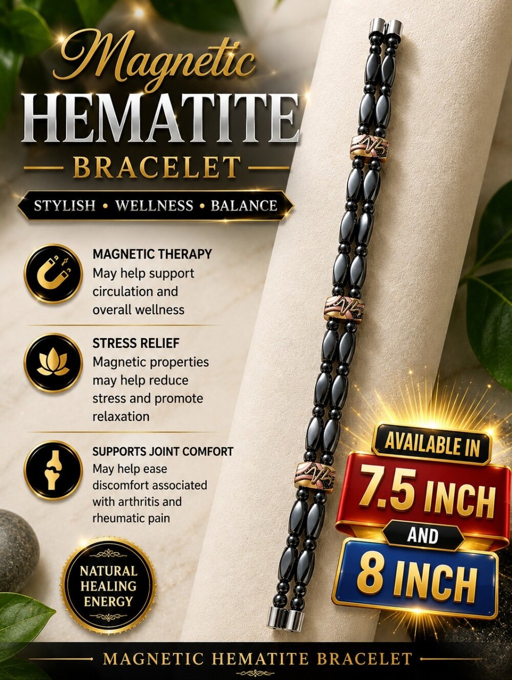 Magnetic Hematite Bracelet with Rose Gold Accents